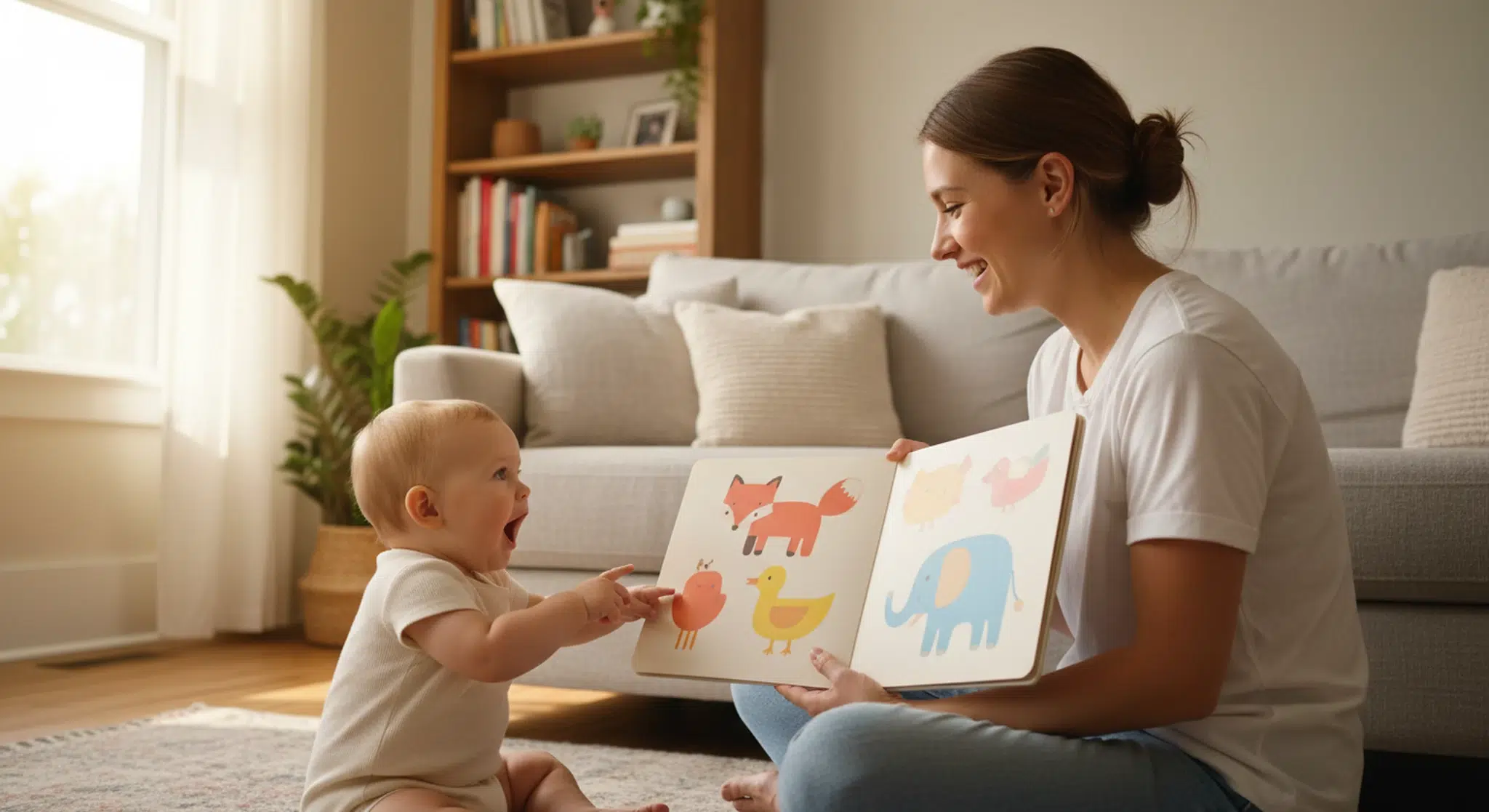 Mother reading a picture book with her 12-month-old baby, who is pointing and babbling