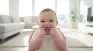 Smiling 7-month-old baby chewing on a rubber teething ring while sitting on a parent's lap