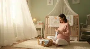 A pregnant woman calmly organizing baby clothes and a nursery while nesting