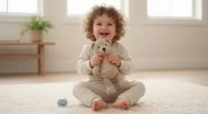 when Should a Baby Stop Using a Pacifier Ages Signs and Gentle Weaning | Betteroo A smiling toddler sitting on a rug holding a teddy bear with a pacifier resting beside them