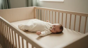 Baby sleeping on their back in a bare crib with a pacifier