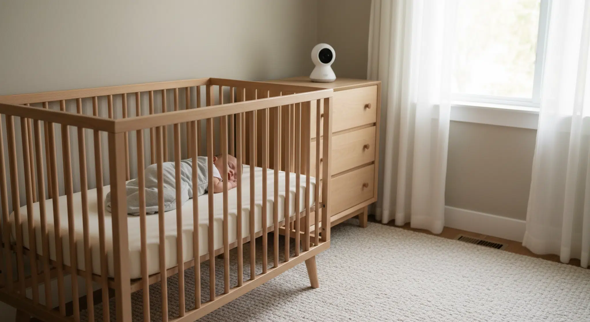 A baby sleeping on their back in a bare crib in their own nursery with a monitor nearby