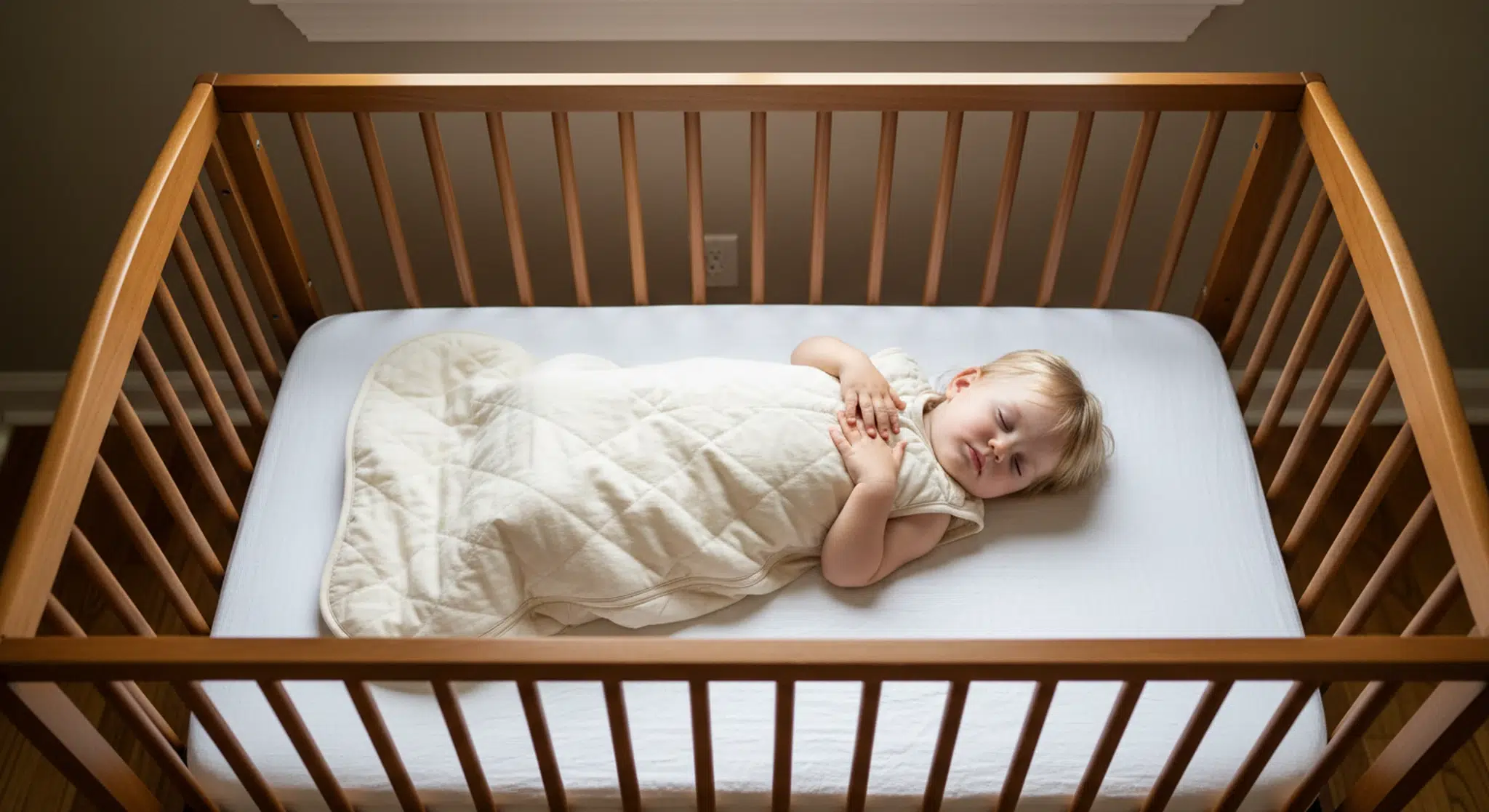 A toddler sleeping on their back in a bare crib wearing a sleep sack