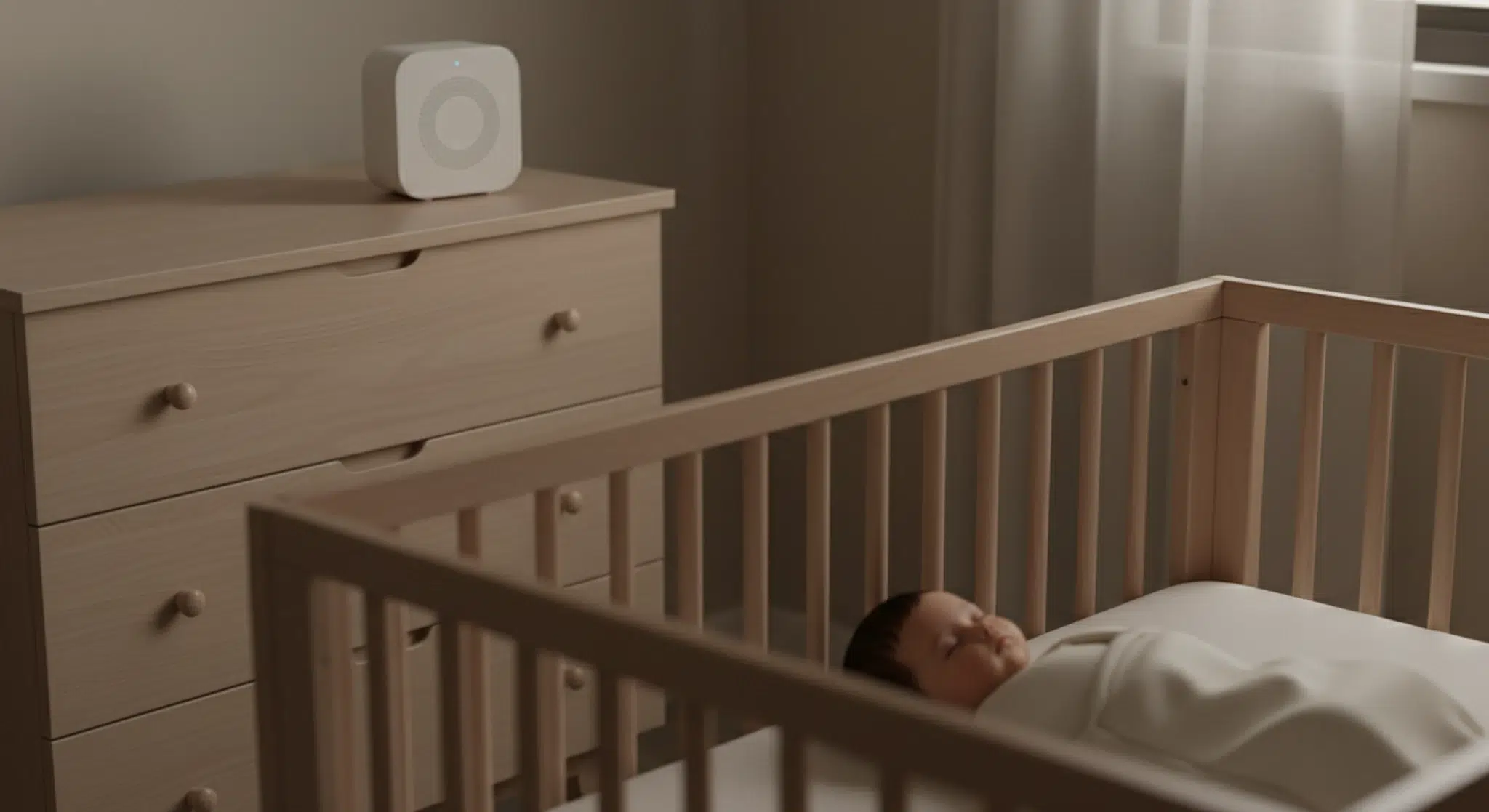 A white noise sound machine on a dresser a safe distance from a crib where a baby sleeps on their back