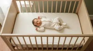 Newborn sleeping on their back in a completely bare crib in soft morning light