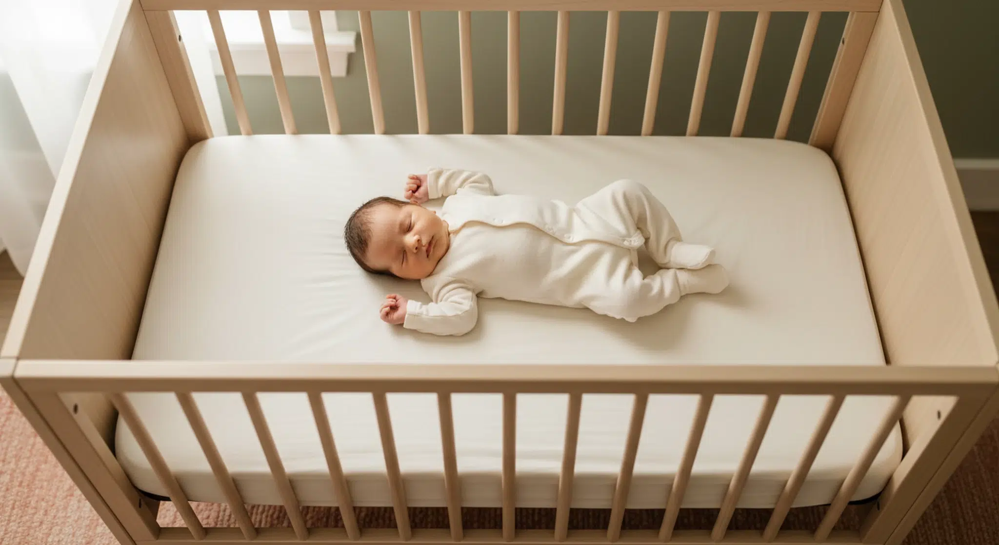 Newborn sleeping on their back in a completely bare crib in soft morning light