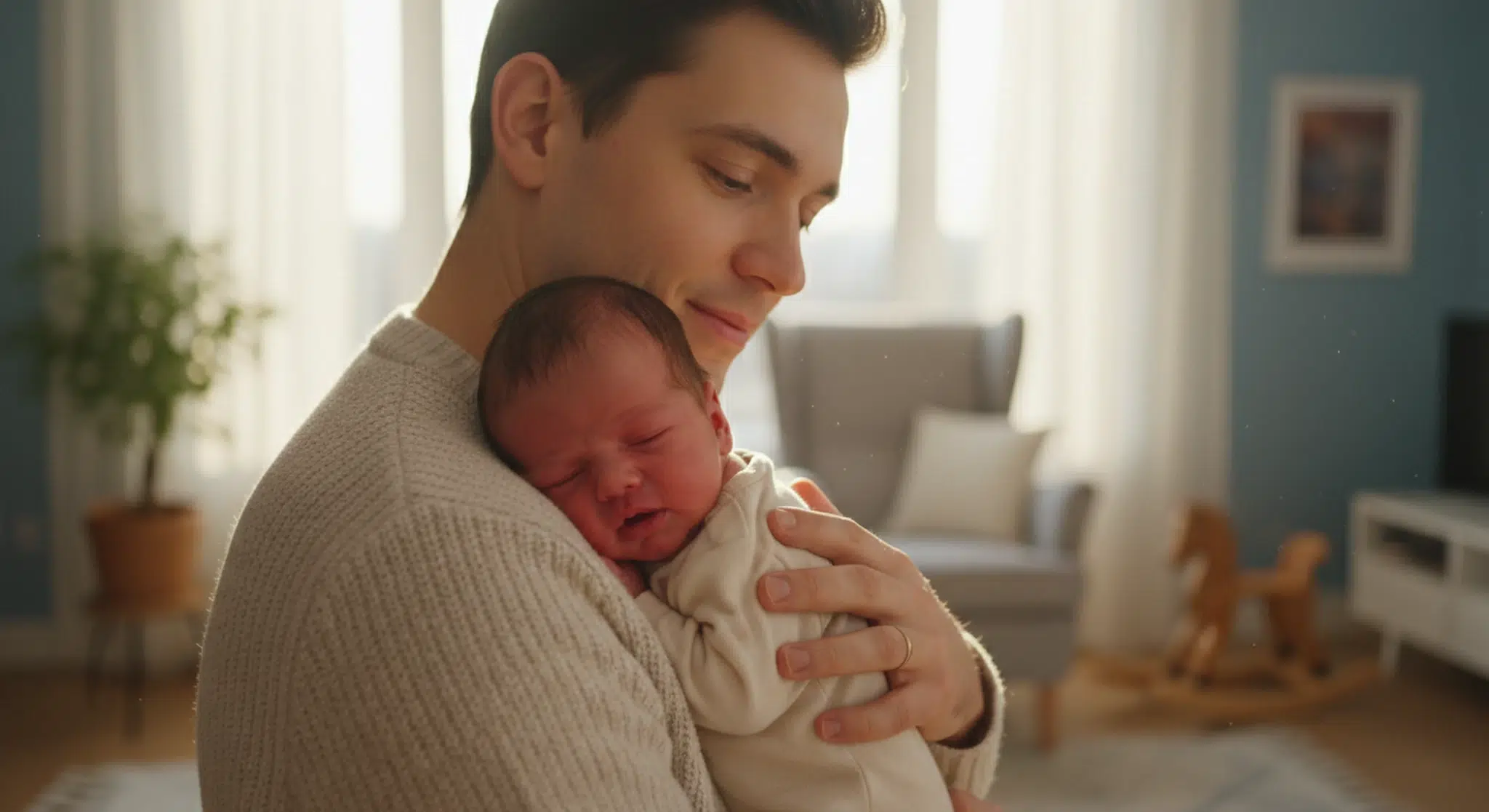 A parent gently soothing a fussy crying baby against their shoulder