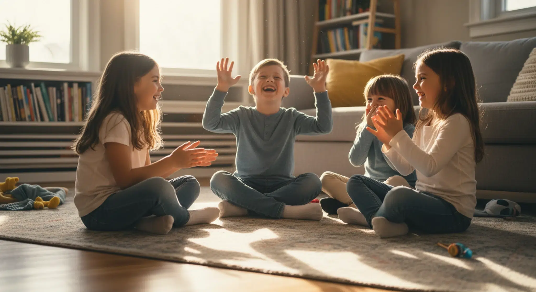 Kids sitting in a circle laughing while playing a would you rather game