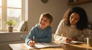 Child writing in a notebook at the kitchen table beside a parent
