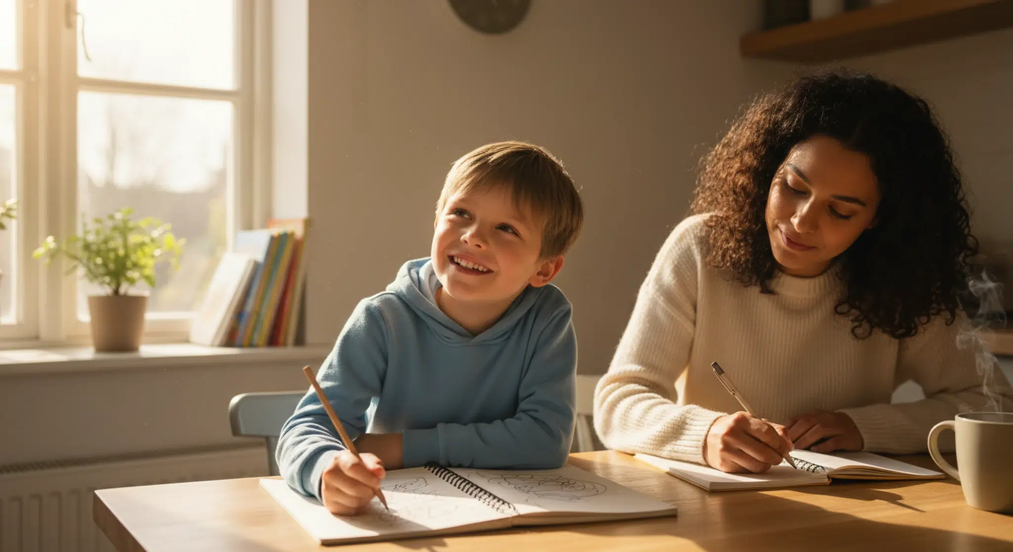 Child writing in a notebook at the kitchen table beside a parent