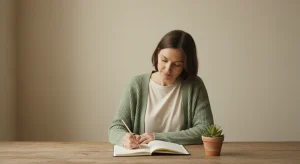Woman in a sage green cardigan writing in a notebook at a wooden table beside a small potted plant in soft morning light