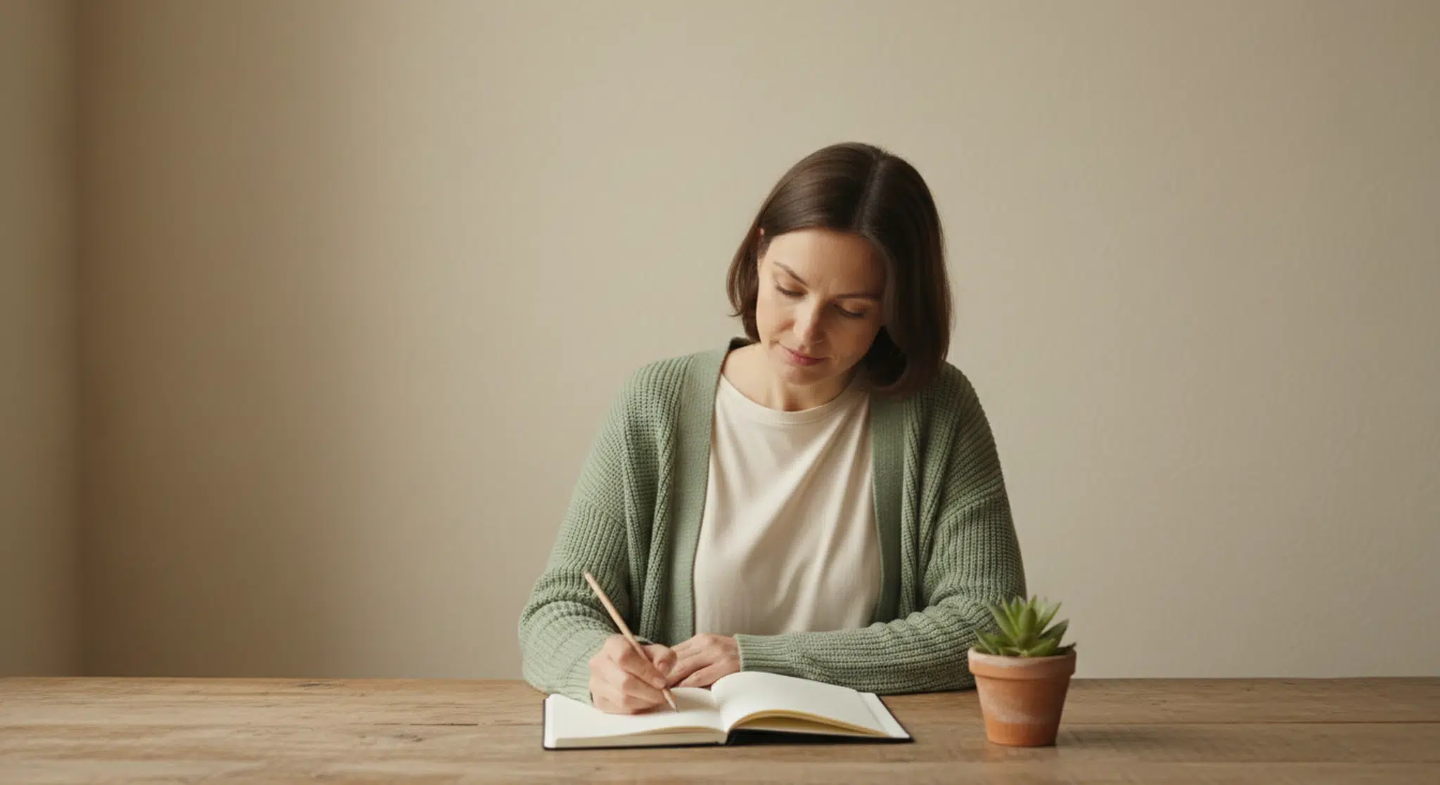 10 Weeks Pregnant Symptoms Baby Development and What to Expect | Betteroo Woman in a sage green cardigan writing in a notebook at a wooden table beside a small potted plant in soft morning light