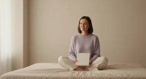 Woman in a lavender sweater sitting cross-legged on a bed with a closed book in soft morning light