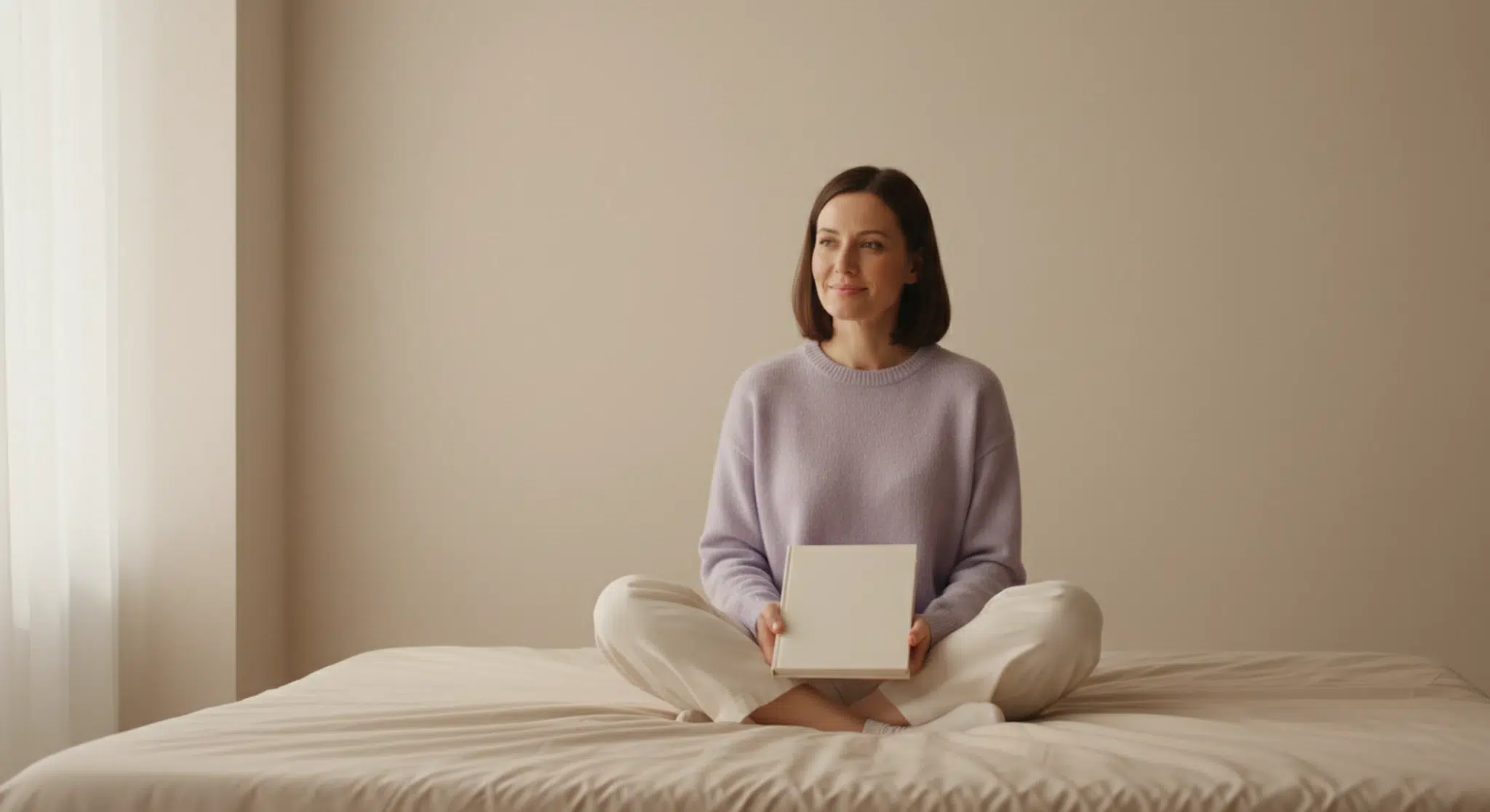 11 Weeks Pregnant Symptoms Baby Development and What to Expect | Betteroo Woman in a lavender sweater sitting cross-legged on a bed with a closed book in soft morning light