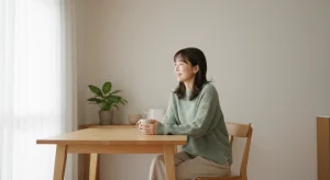 Smiling woman in a sage-green sweater sitting at a wooden kitchen table holding a mug in soft morning light