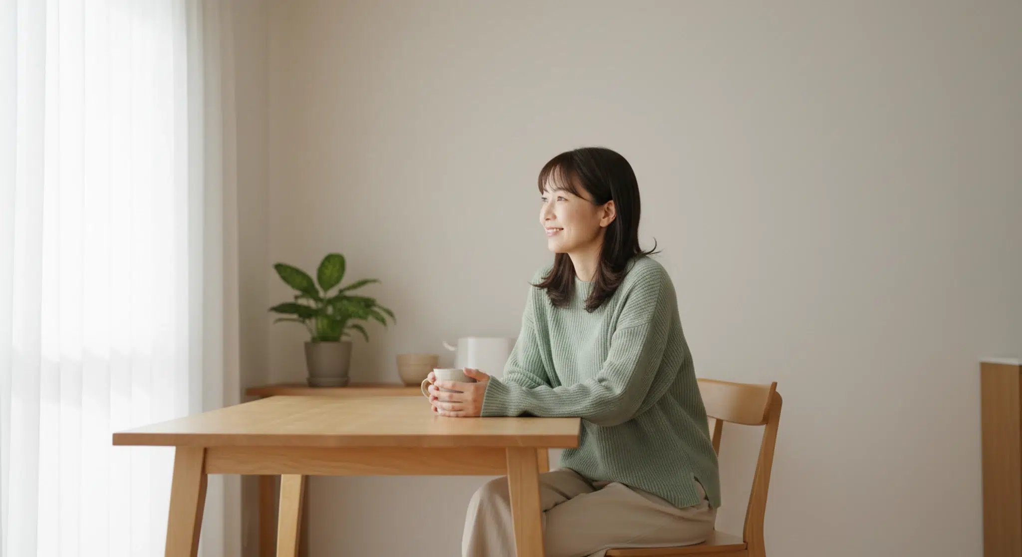 Smiling woman in a sage-green sweater sitting at a wooden kitchen table holding a mug in soft morning light