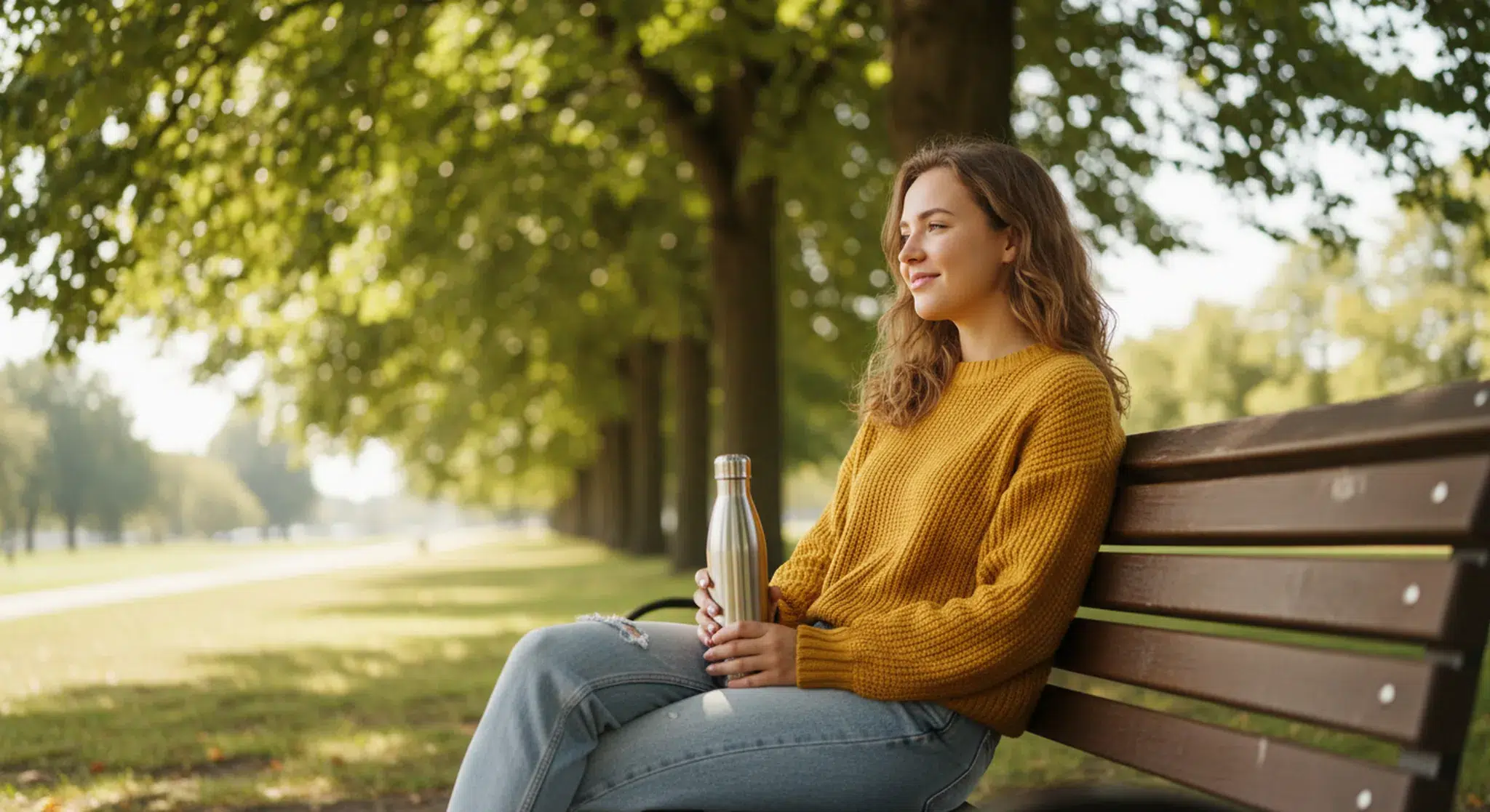 Pregnant woman in a mustard-yellow linen dress walking on a sunny park path holding a water bottle
