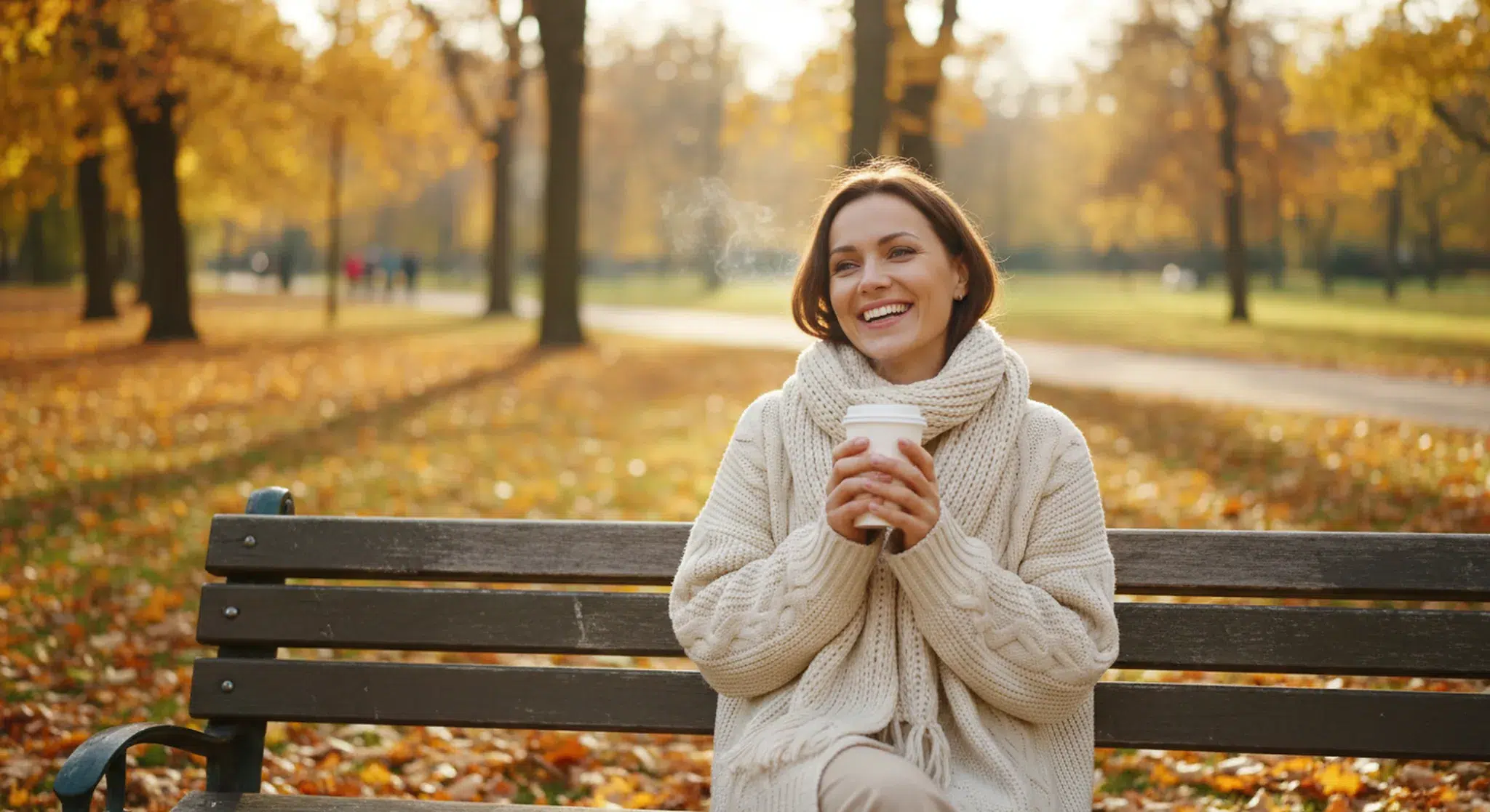 Smiling woman in a cream sweater sits on a park bench holding a cup of coffee among autumn leaves and sunlight.