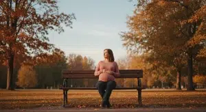 Pregnant woman in a dusty rose top sitting on a park bench in autumn light with one hand on her small bump