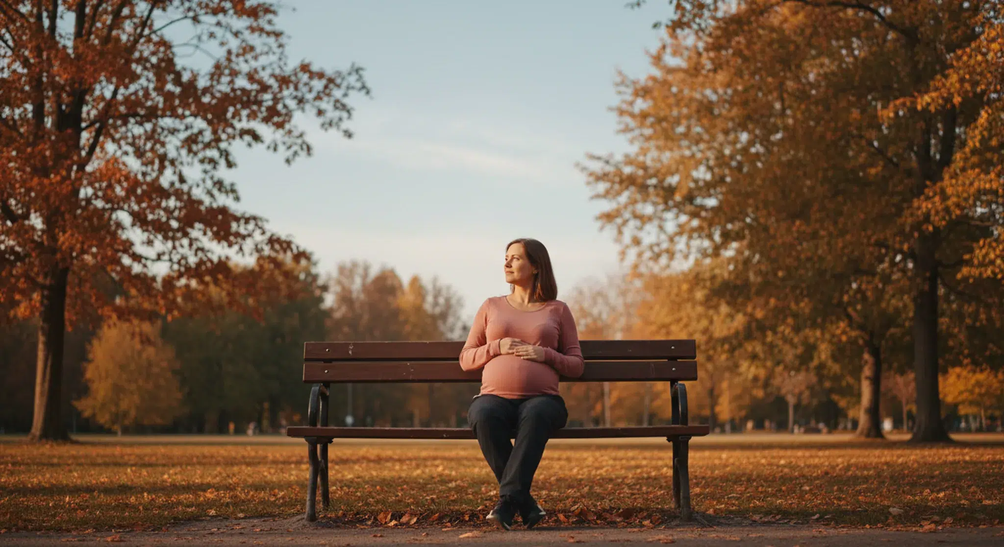 Pregnant woman in a dusty rose top sitting on a park bench in autumn light with one hand on her small bump