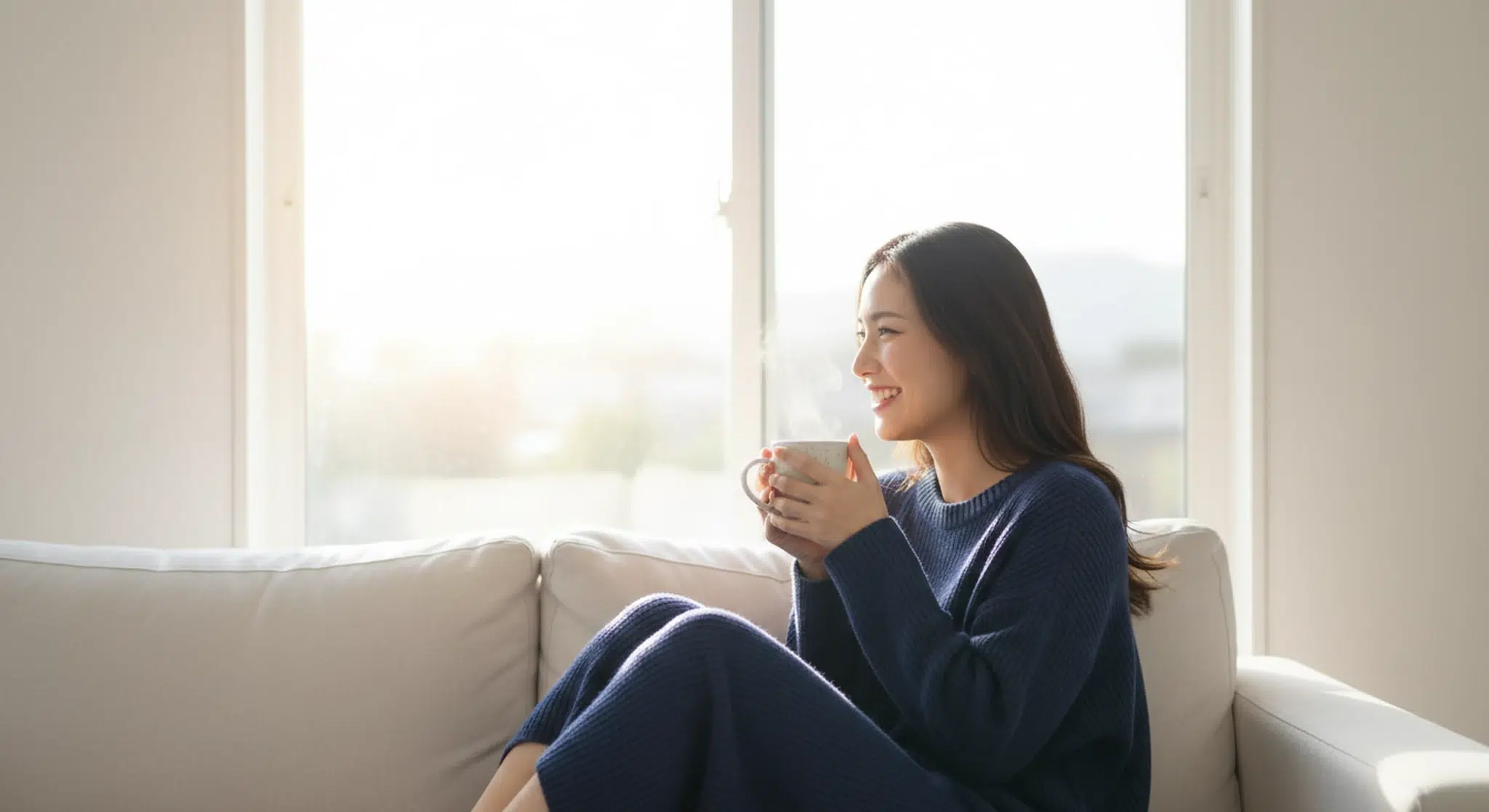 Woman sitting on a beige couch, smiling as she holds a mug near a bright window.