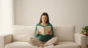 Pregnant woman in a green top sitting cross-legged on a light sofa reading a book with a small bump visible