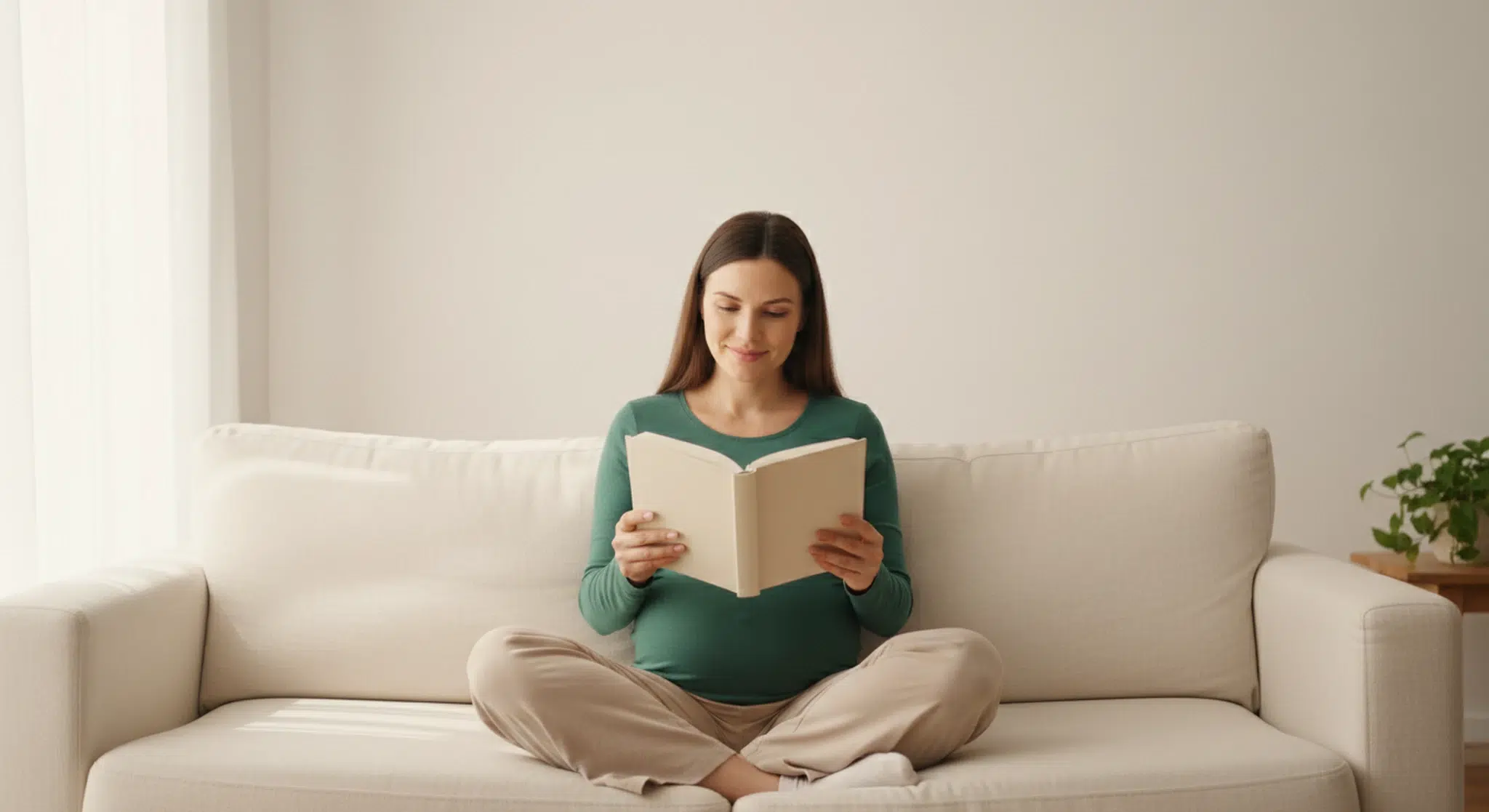 Pregnant woman in a green top sitting cross-legged on a light sofa reading a book with a small bump visible