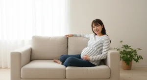 Pregnant woman relaxing on a beige sofa in a bright living room, smiling at the camera.