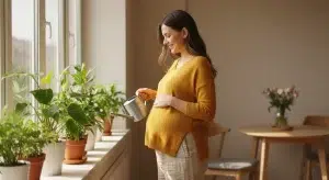Smiling pregnant woman in a mustard-yellow knit top watering potted plants by a sunny window with a small bump visible