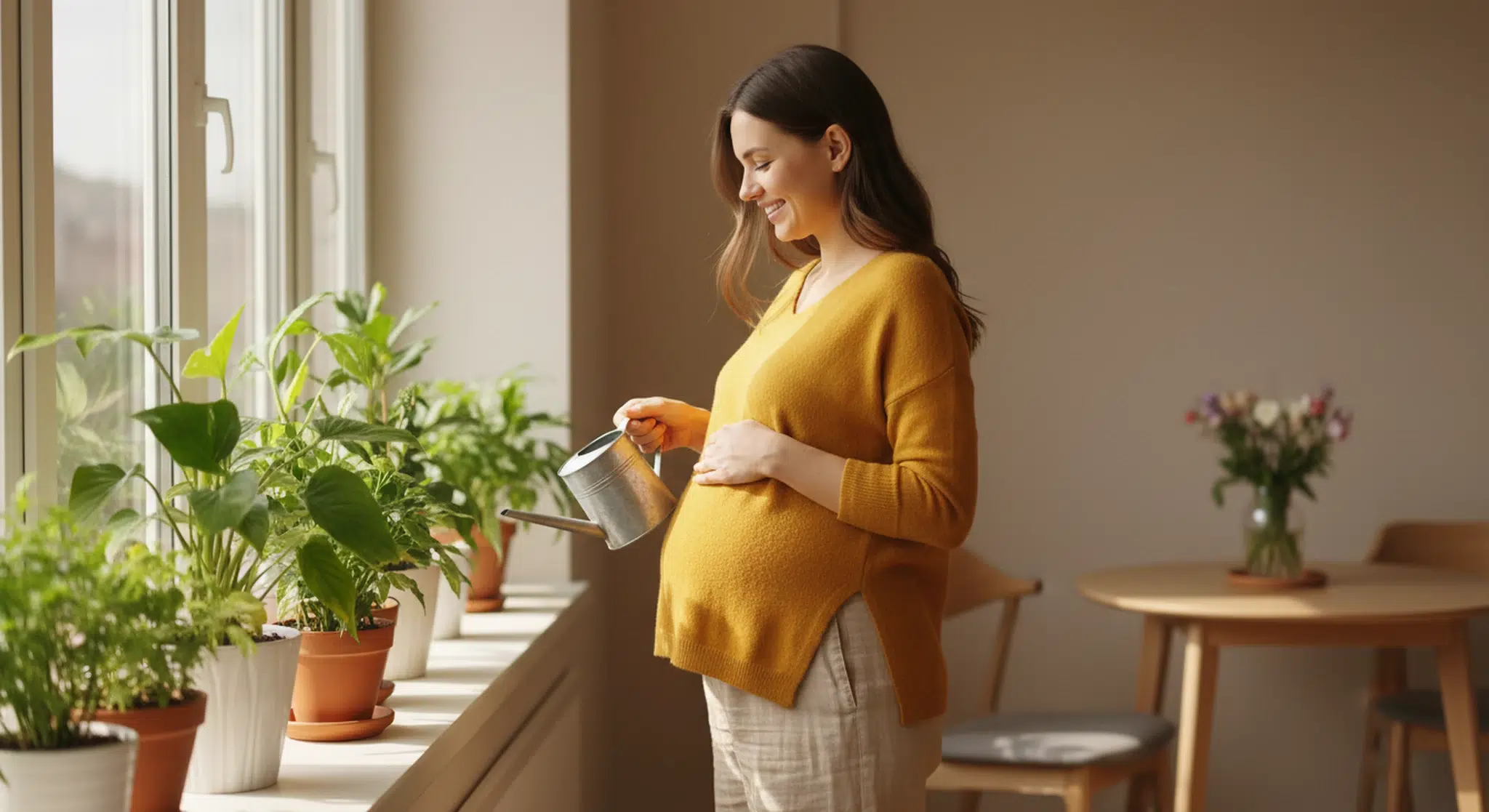 Smiling pregnant woman in a mustard-yellow knit top watering potted plants by a sunny window with a small bump visible