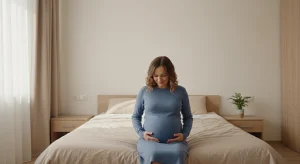 Pregnant woman with a clear bump sitting on the edge of a bed with both hands resting on her belly