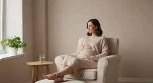 Pregnant woman about six months along resting in an armchair by a window with her feet on a footstool and a hand on her belly