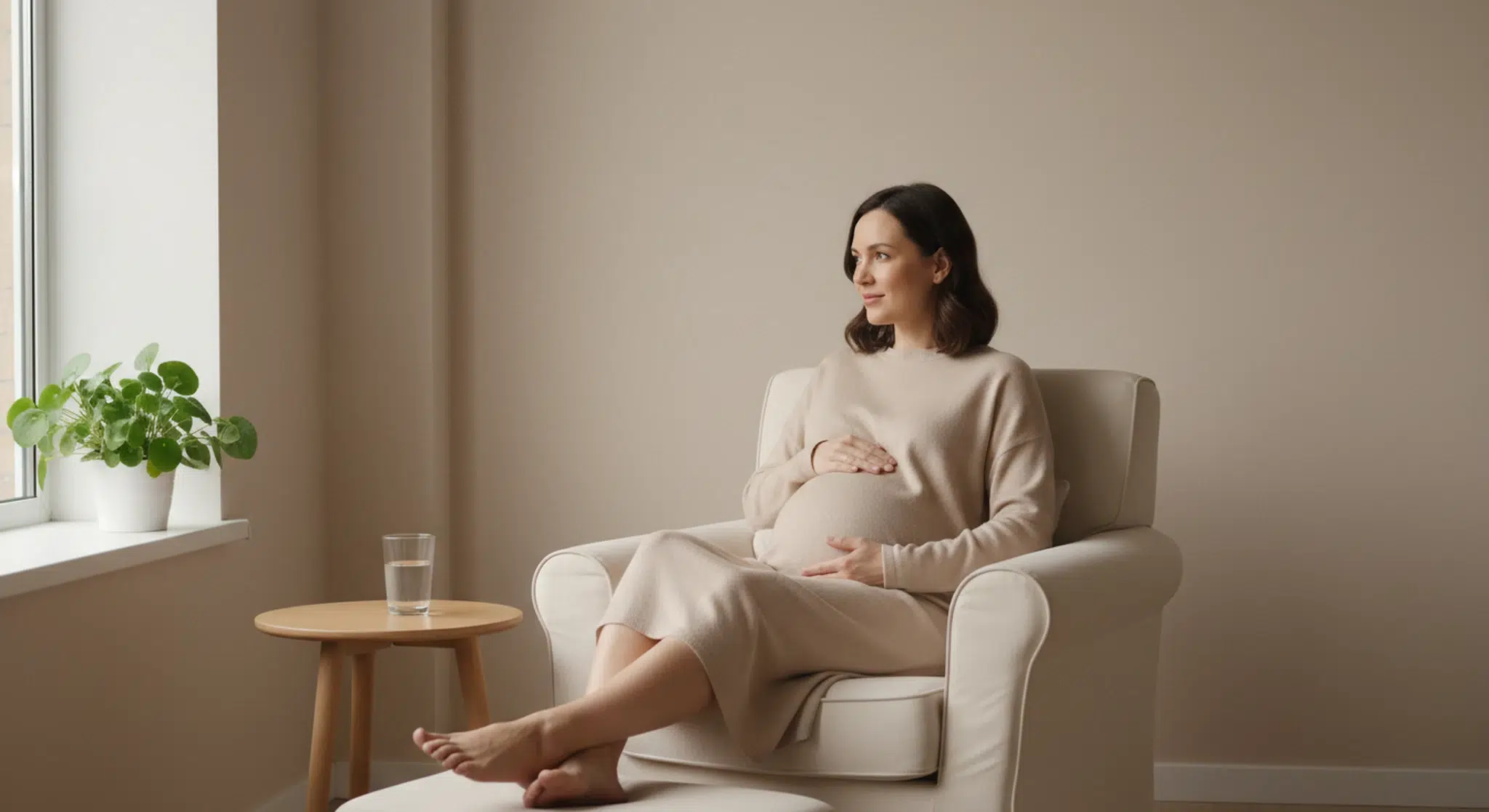 Pregnant woman about six months along resting in an armchair by a window with her feet on a footstool and a hand on her belly