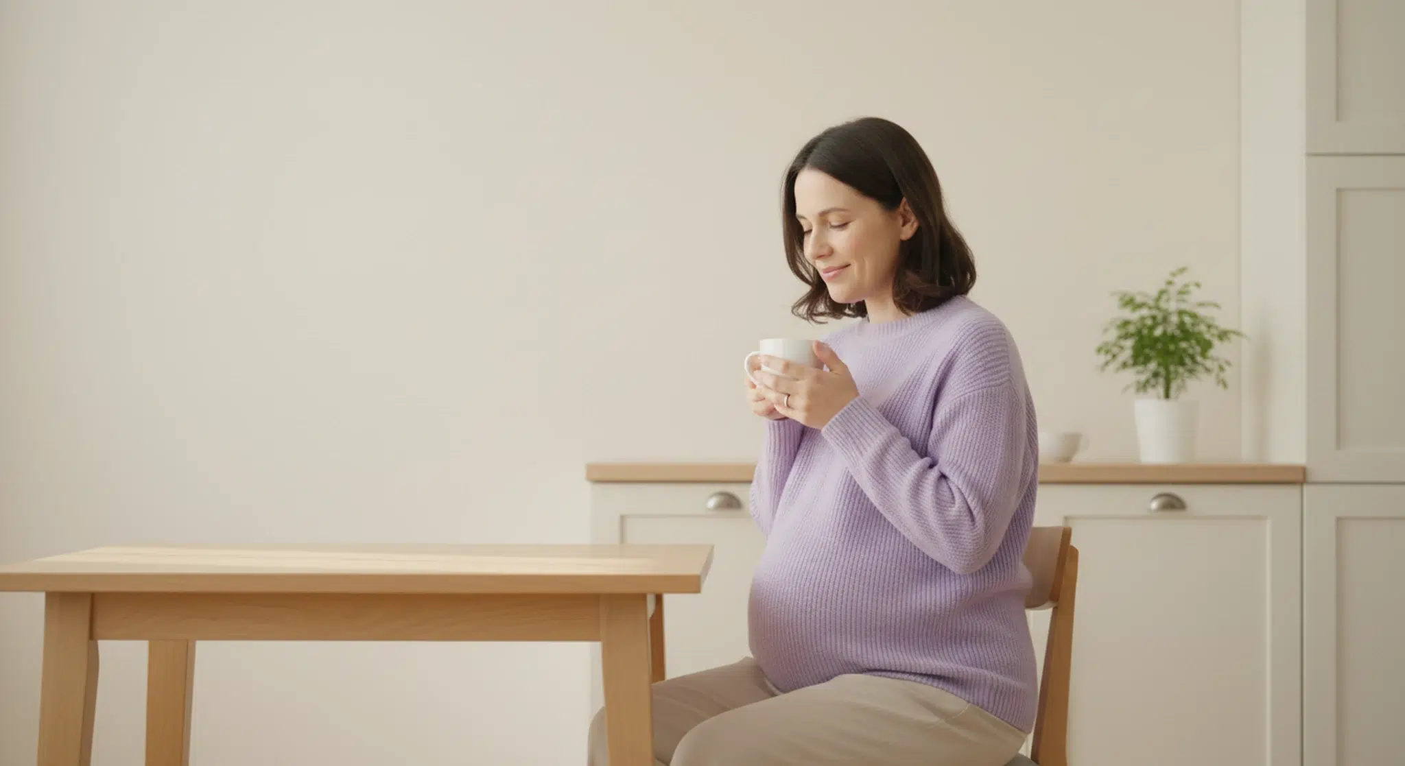 25 Weeks Pregnant Symptoms Baby Development and What to Expect | Betteroo Pregnant woman in a lavender sweater sitting at a wooden kitchen table with a cup of tea and her bump visible