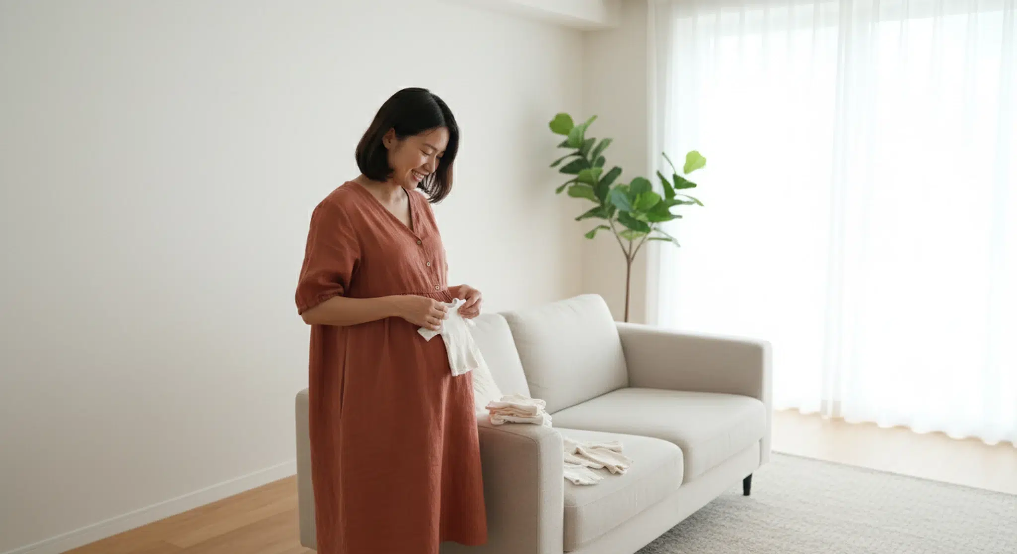 Pregnant woman in a terracotta linen dress folding small baby clothes in a bright living room