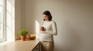 Pregnant woman with a clear bump standing at a kitchen counter with one hand on her belly and a mug in the other