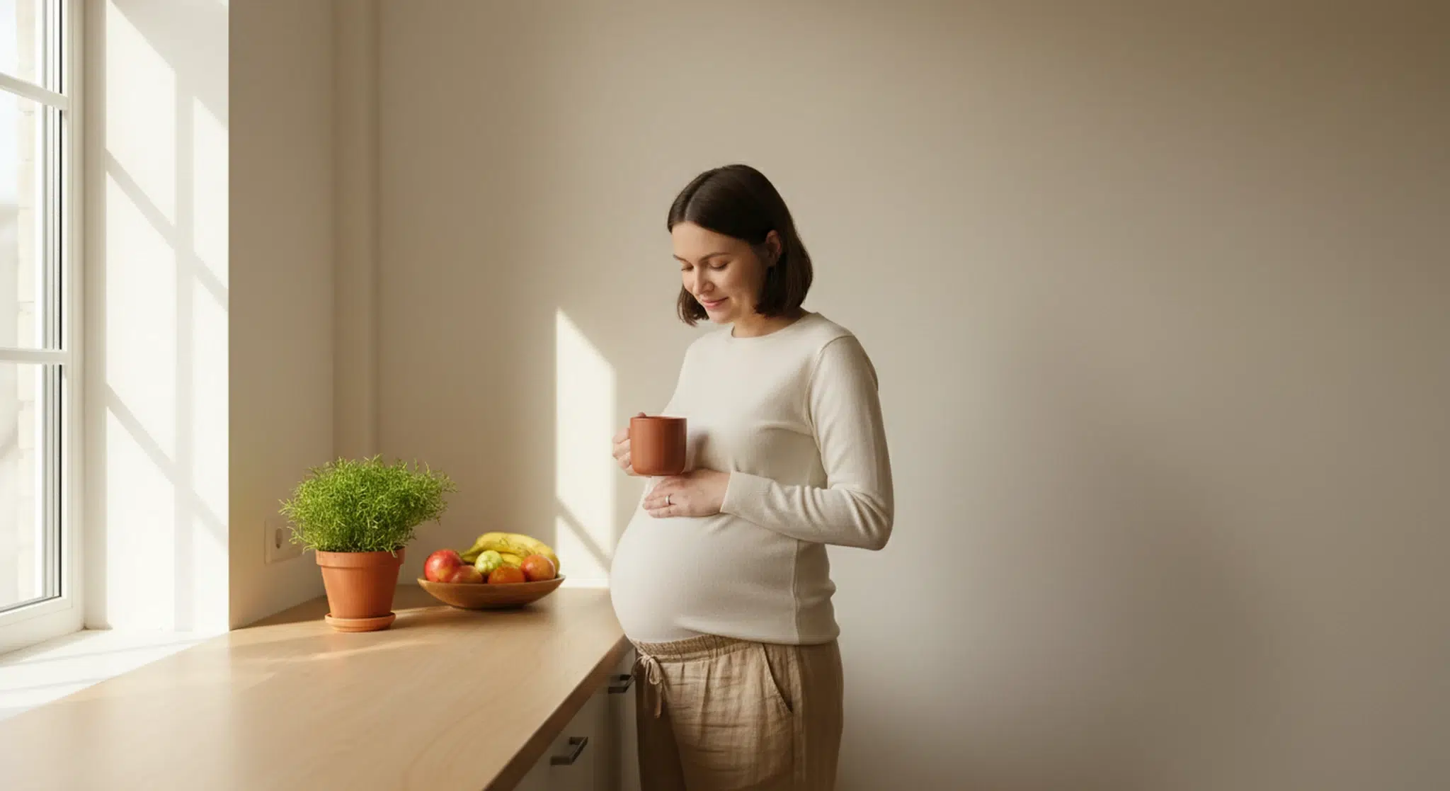 Pregnant woman with a clear bump standing at a kitchen counter with one hand on her belly and a mug in the other