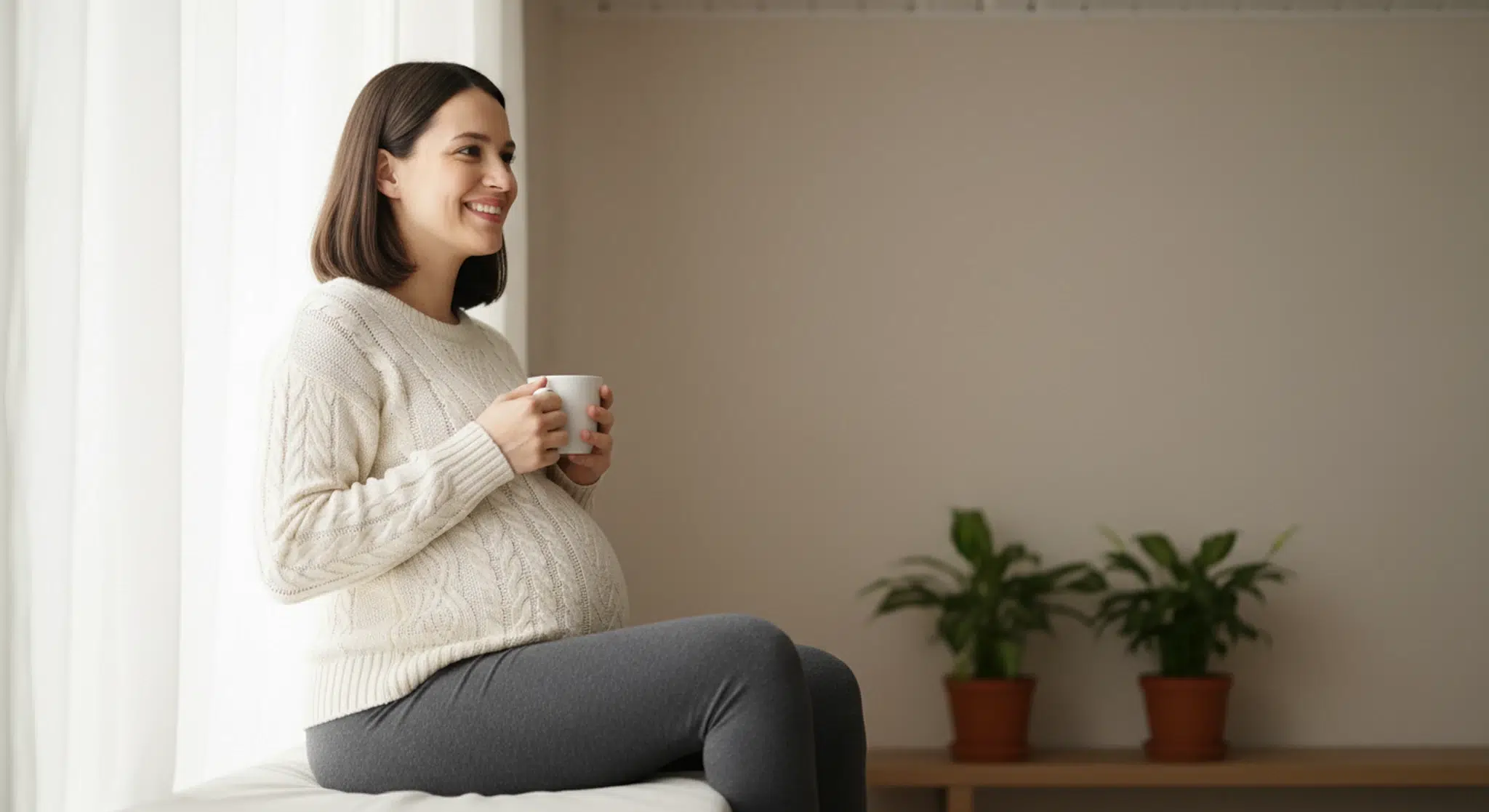 Smiling pregnant woman in a cream sweater sitting on a window seat with a mug, her third-trimester bump visible