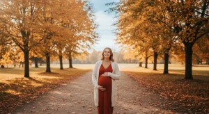 Smiling pregnant woman in a rust dress and cream cardigan stands on a leaf-strewn path in an autumn park with orange trees.