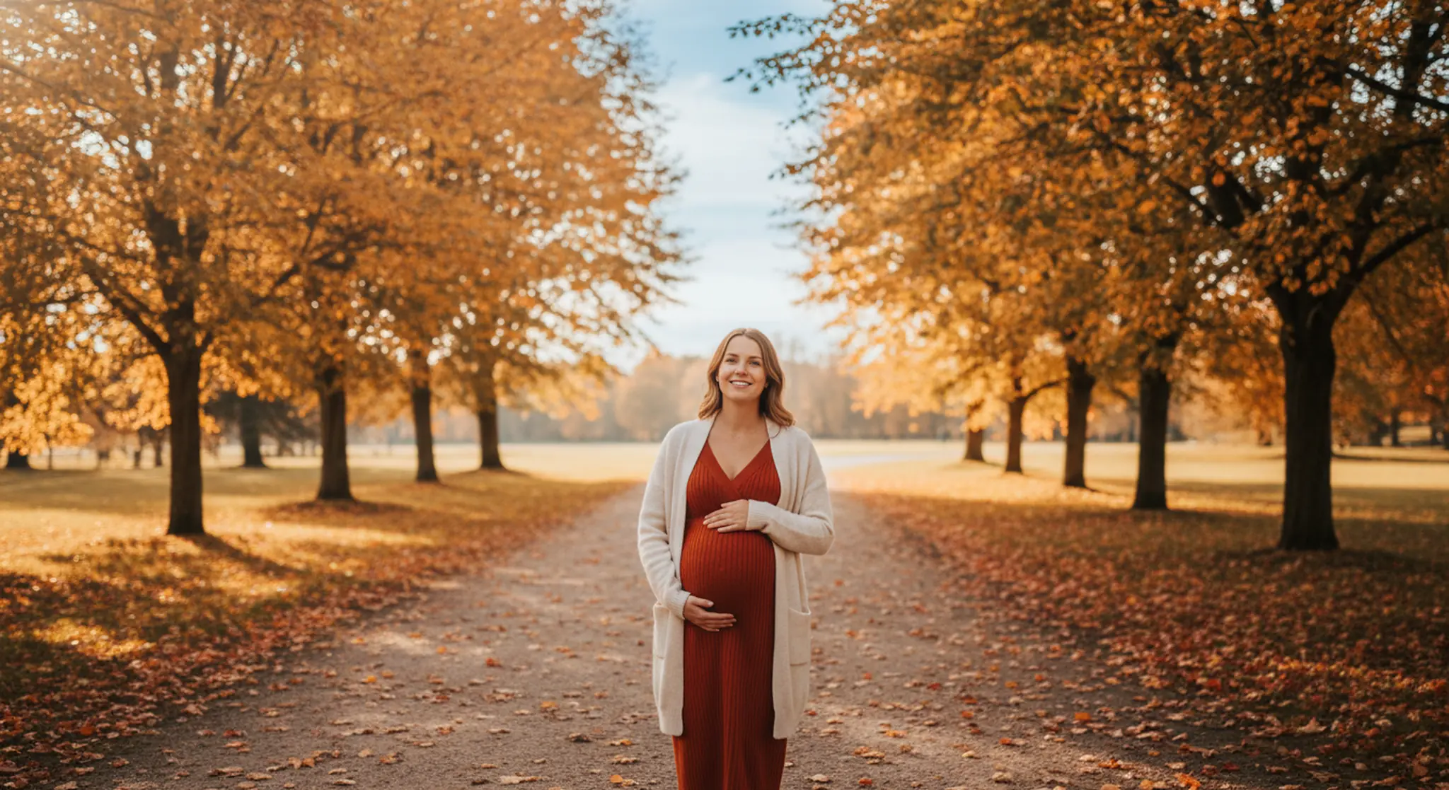 Smiling pregnant woman in a rust dress and cream cardigan stands on a leaf-strewn path in an autumn park with orange trees.