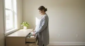 Pregnant woman in a gray cardigan placing folded baby clothes into a dresser drawer in a bright nursery