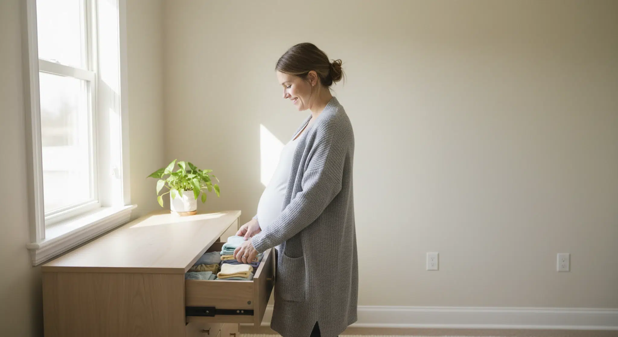 Pregnant woman in a gray cardigan placing folded baby clothes into a dresser drawer in a bright nursery