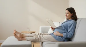 Pregnant woman about eight months along in a blue linen shirt resting on a sofa with her feet up, reading a book