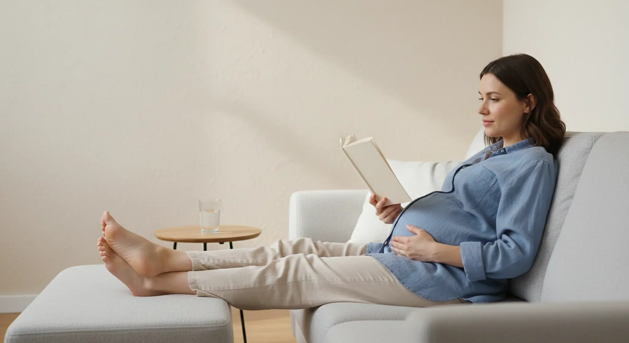 Pregnant woman about eight months along in a blue linen shirt resting on a sofa with her feet up, reading a book
