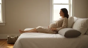 Pregnant woman about eight months along sitting on a bed beside a body pillow with one hand on her belly in soft window light