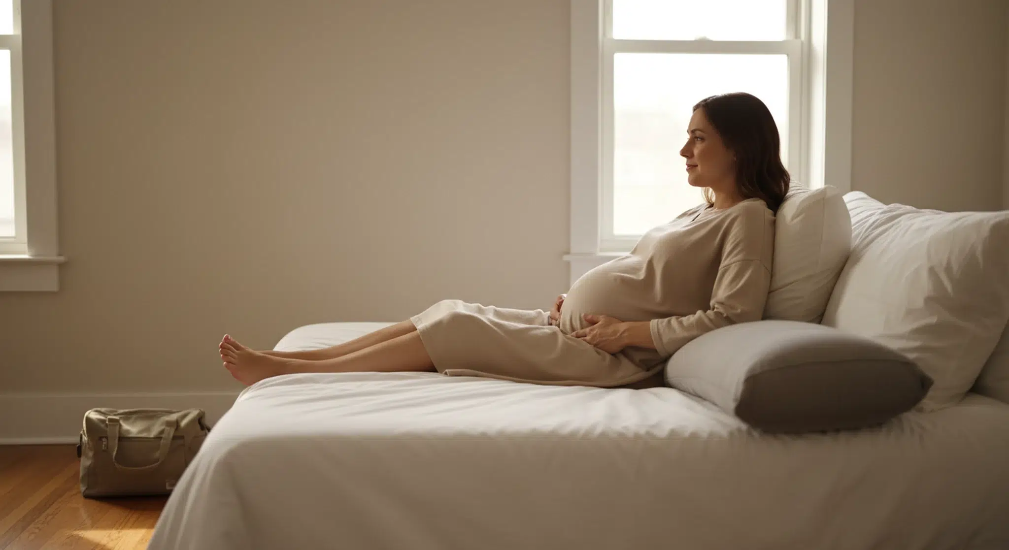 Pregnant woman about eight months along sitting on a bed beside a body pillow with one hand on her belly in soft window light