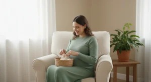Smiling pregnant woman in a sage green knit dress sitting in an armchair by a window folding tiny baby socks into a basket