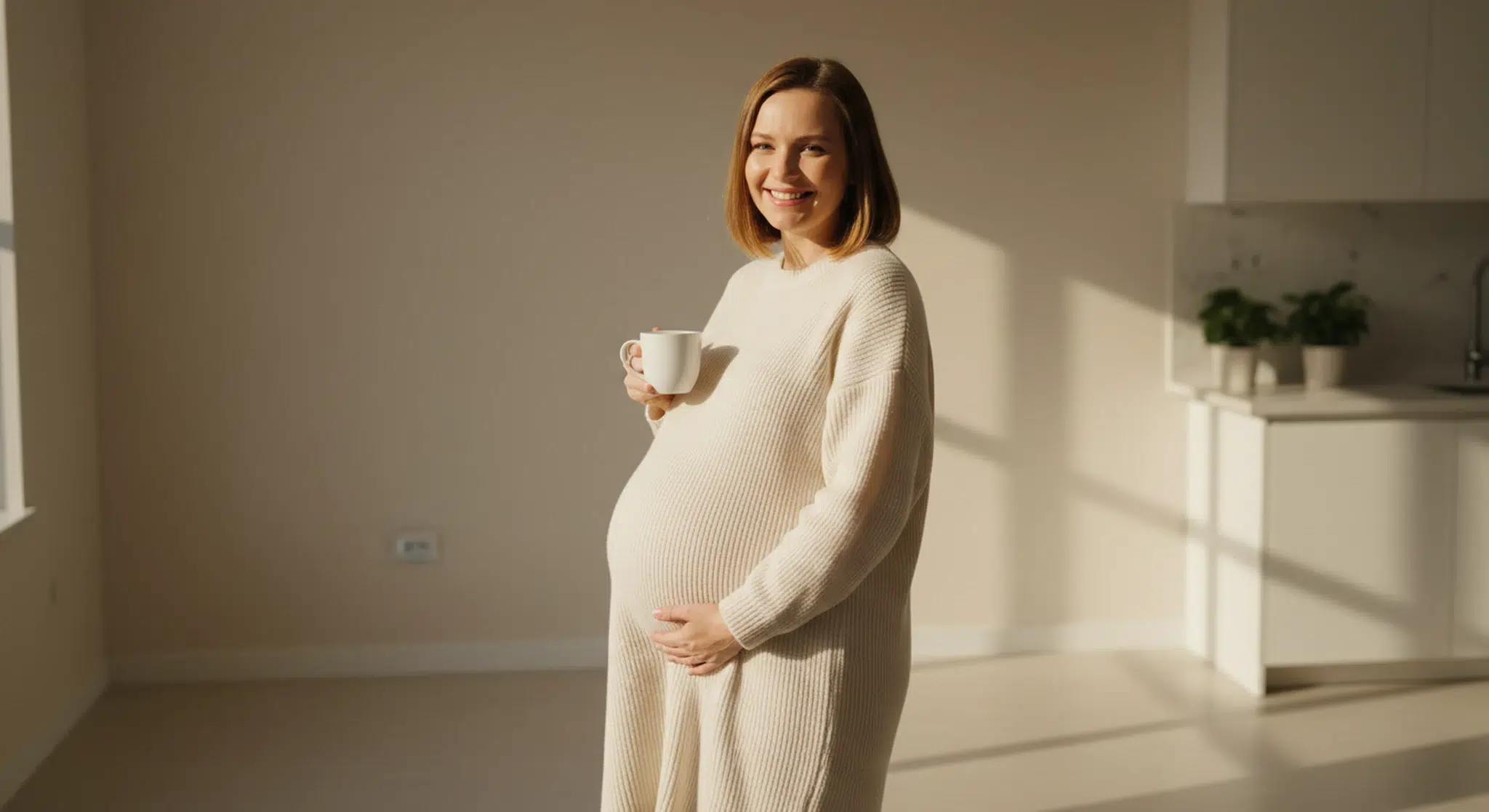 Pregnant woman in a beige knit sweater holding a white mug in a sunlit kitchen, smiling at the camera.