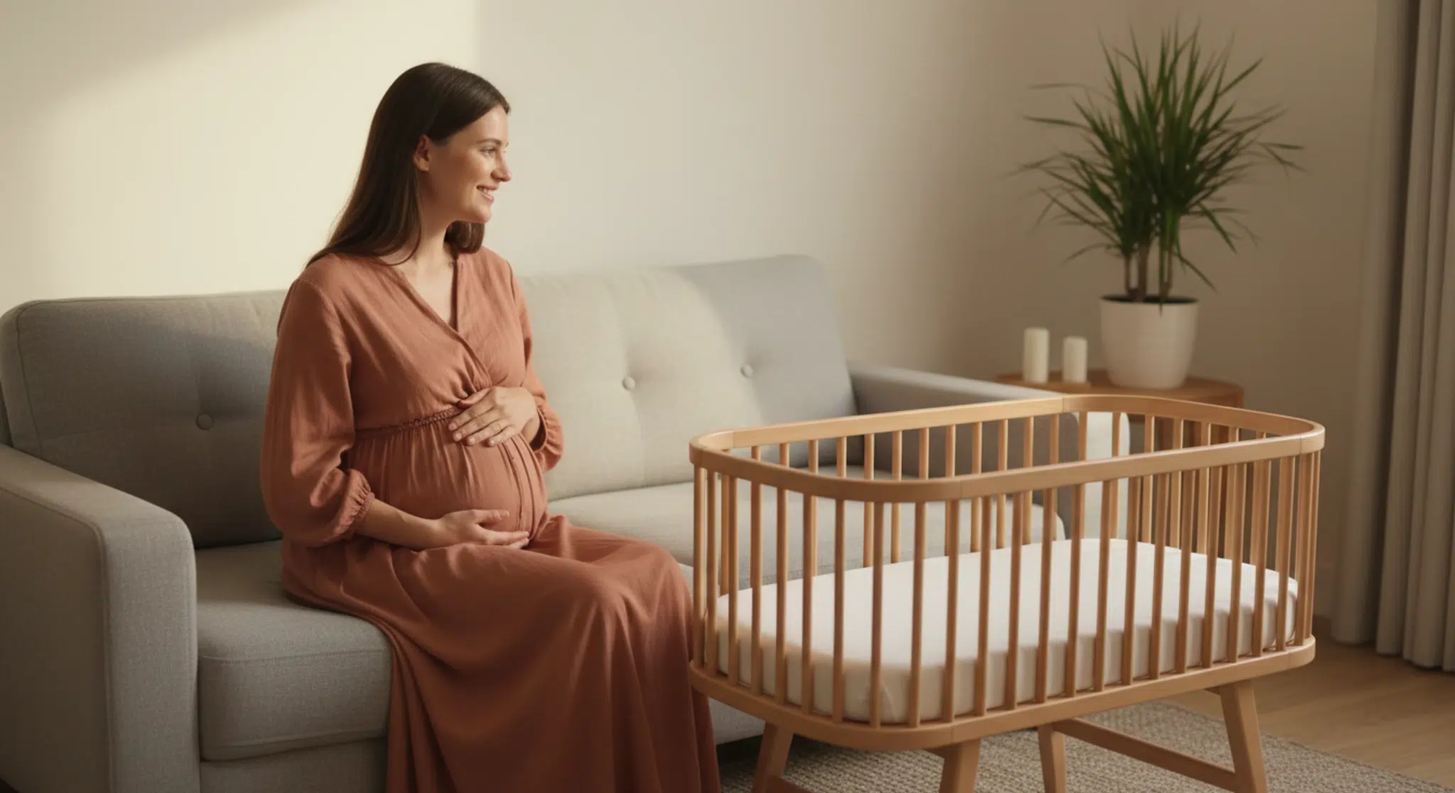 38 Weeks Pregnant Symptoms Baby Development and What to Expect | Betteroo Smiling pregnant woman at full term in a rust-colored dress sitting on a sofa next to an empty bassinet with a bare mattress.