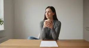 Woman sitting at a kitchen table holding a mug beside a blank paper calendar in soft morning light
